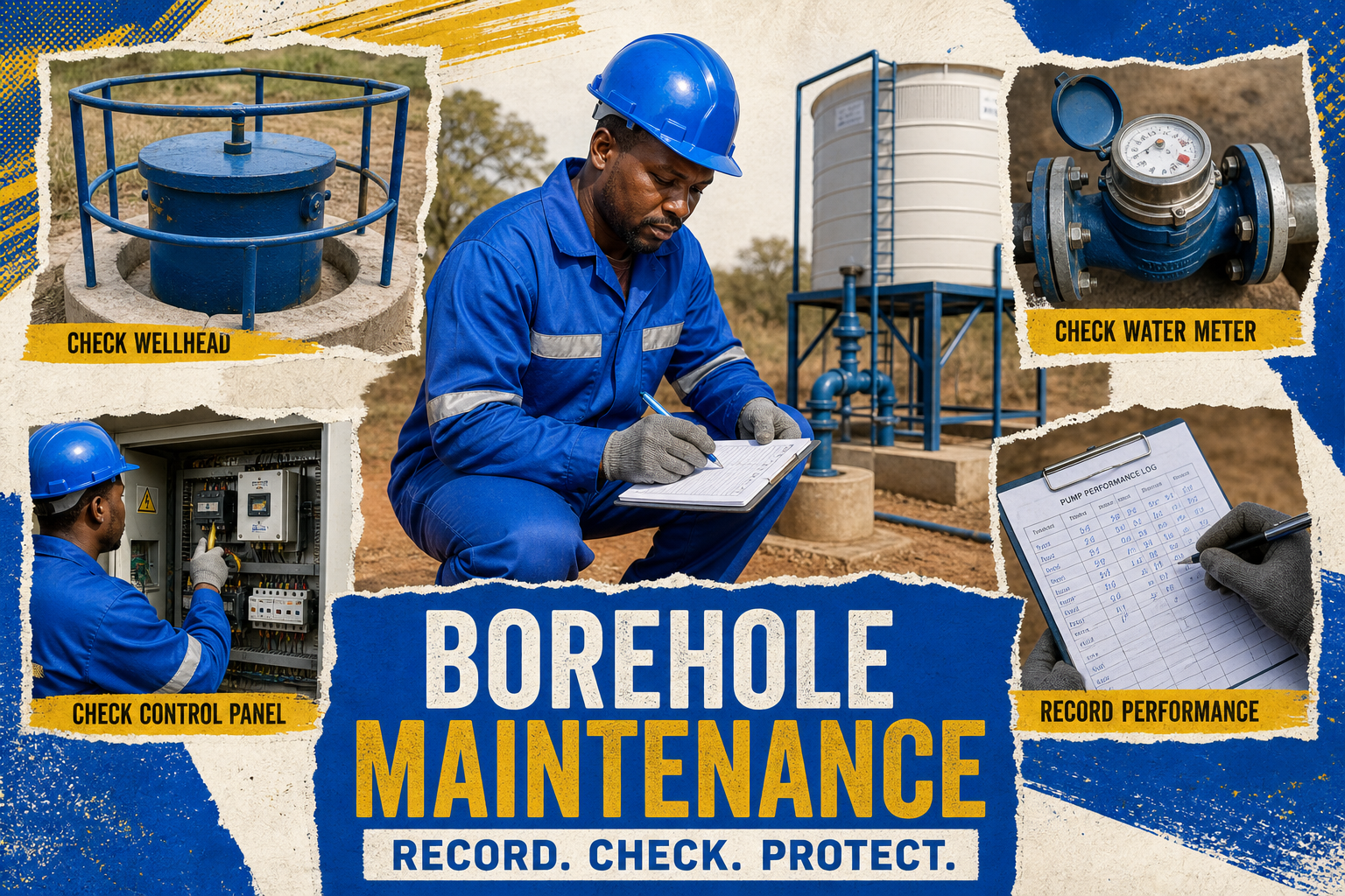 Technician inspecting a borehole pump control panel, meter and wellhead maintenance checklist