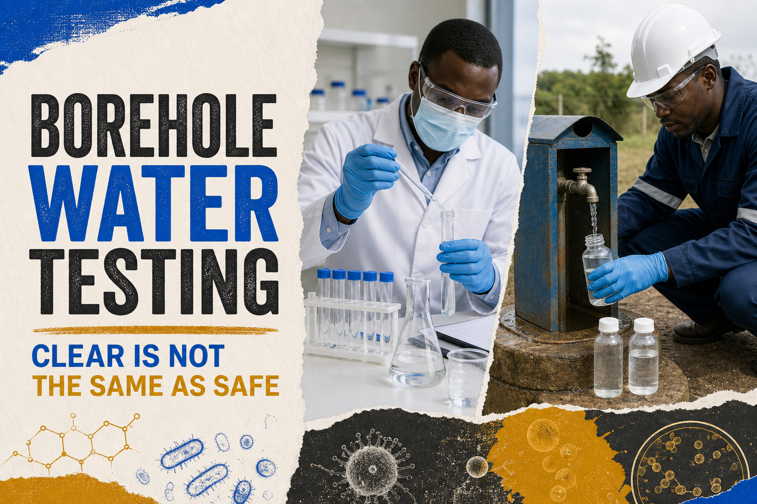 Laboratory technician testing clear borehole water samples for physical chemical and microbiological quality