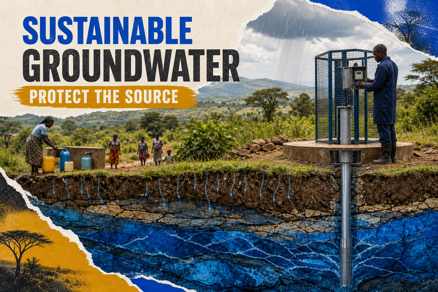 Groundwater recharge landscape showing protected borehole, aquifer, meter and responsible water use
